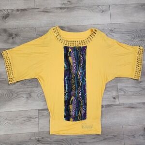 VTG COOGI Women Top Tunic Size L Colorful‎ Yellow  Purple Gold Embroidered Logo
